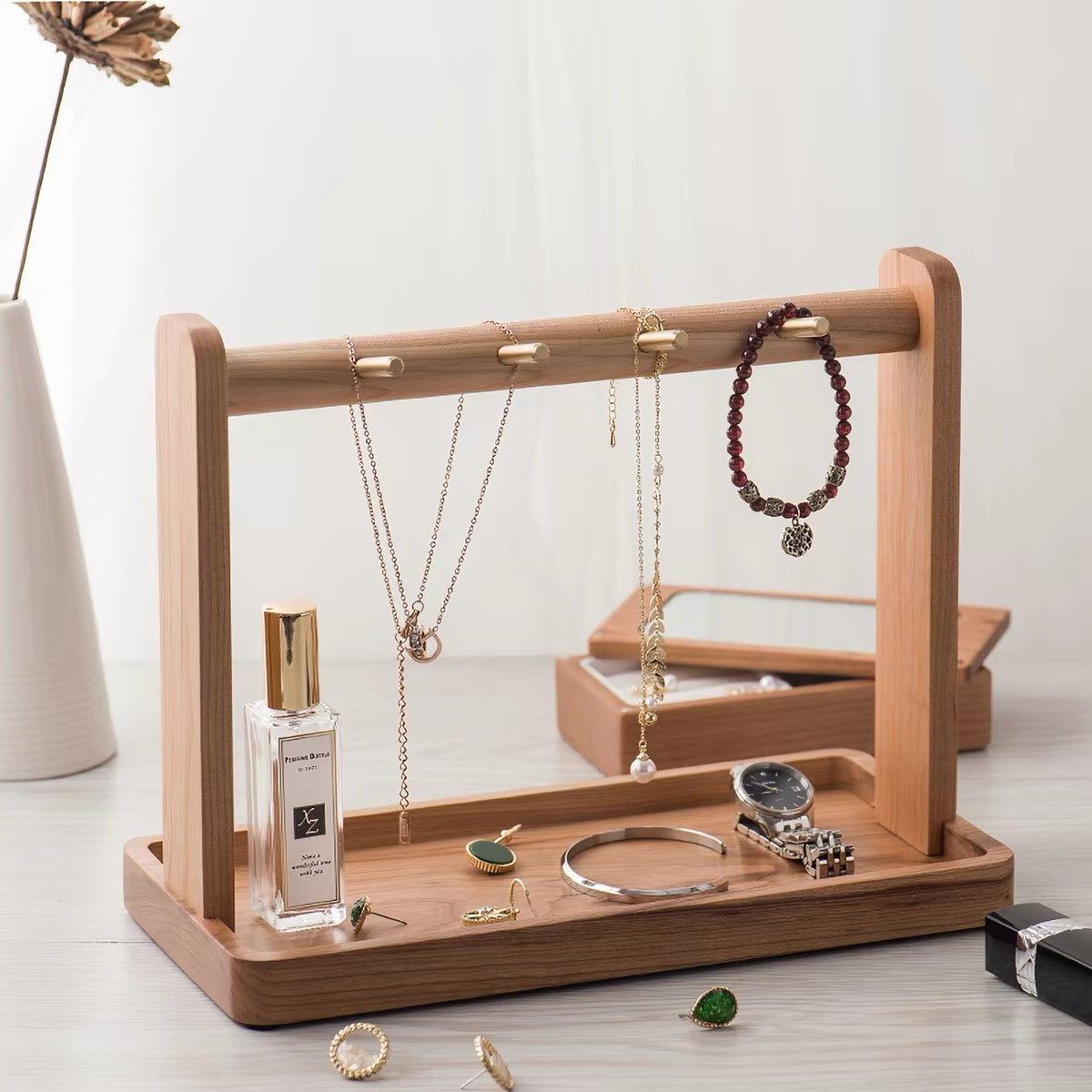 Modern wooden entryway organizer with elegant texture
