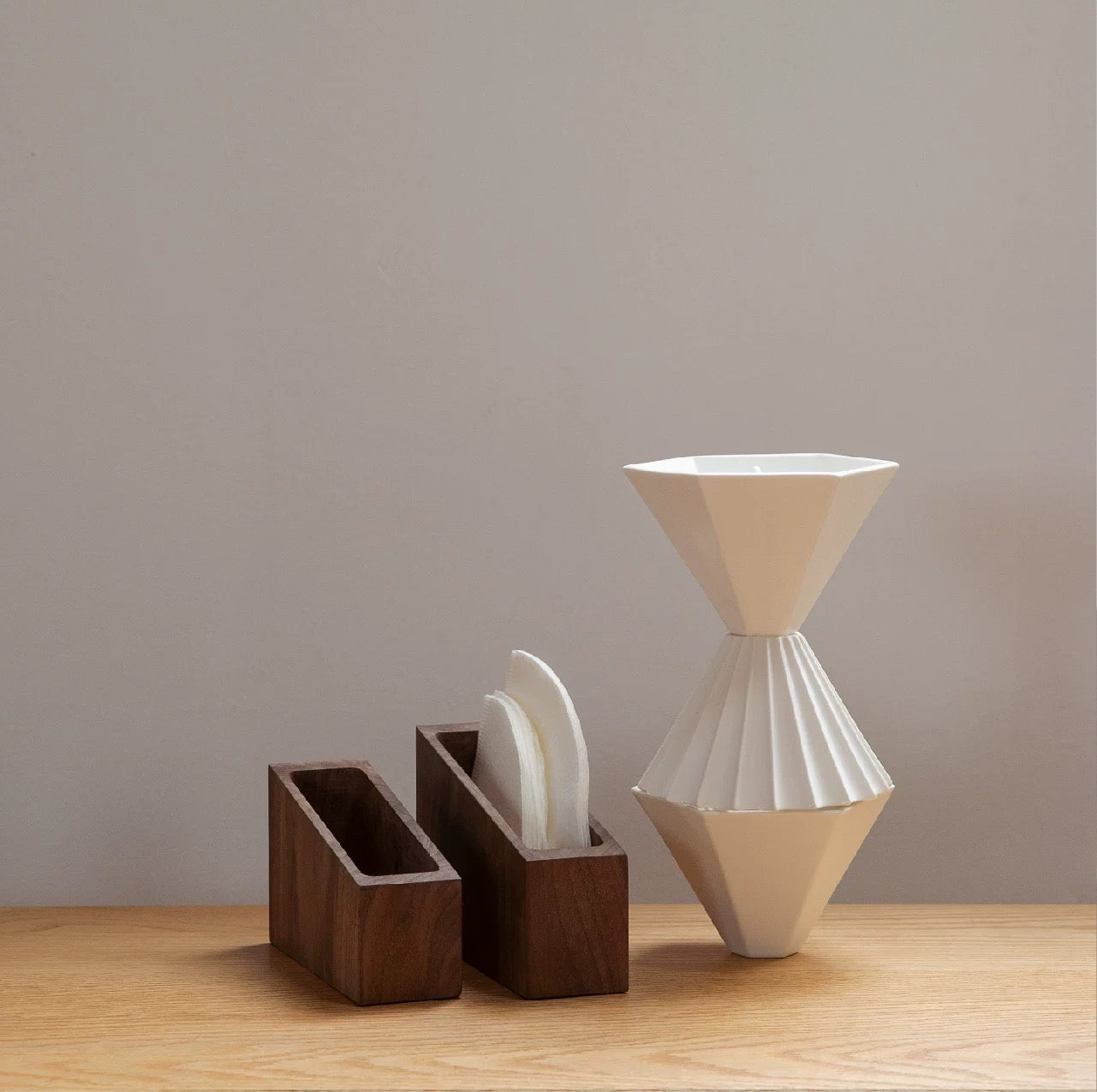 Natural wood coffee filter holder with smooth grain finish