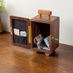 Natural wood coin bank with smooth walnut grain finish