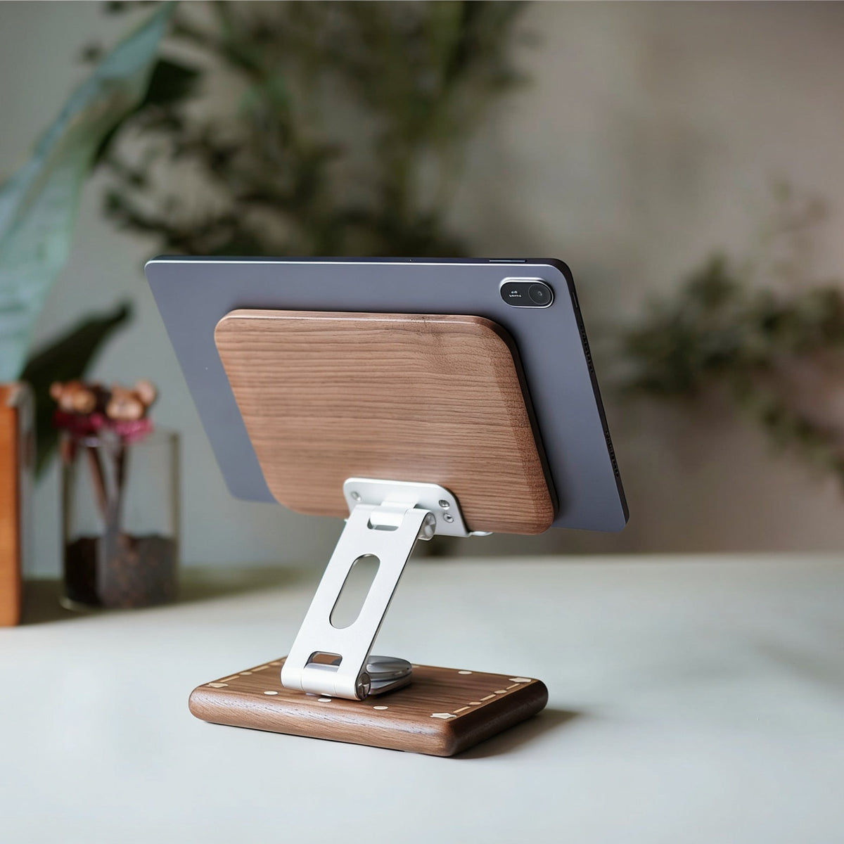 Natural wood device stand with smooth walnut grain finish