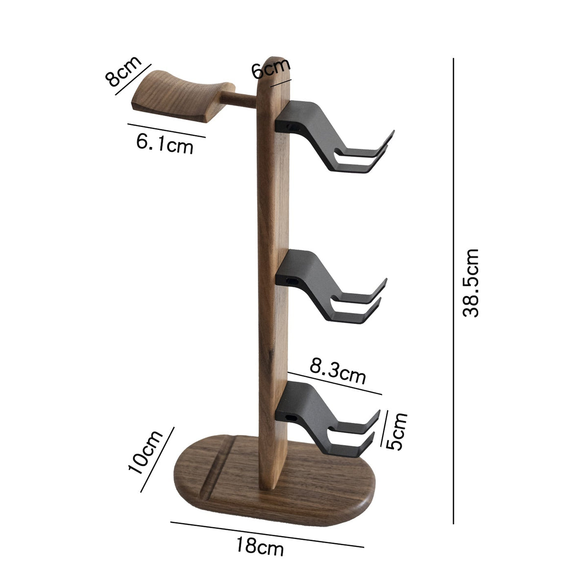 Natural wood headset holder with smooth walnut grain finish