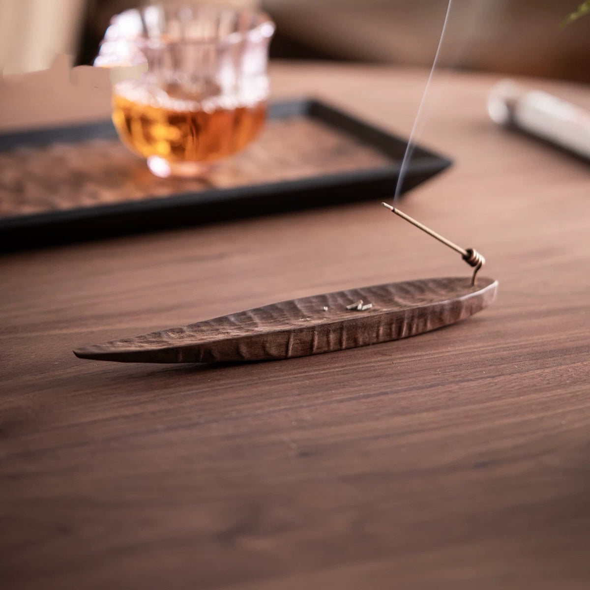 Natural wood incense burner with smooth walnut grain finish