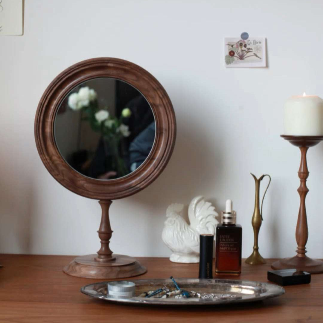 Natural wood makeup mirror with smooth grain finish