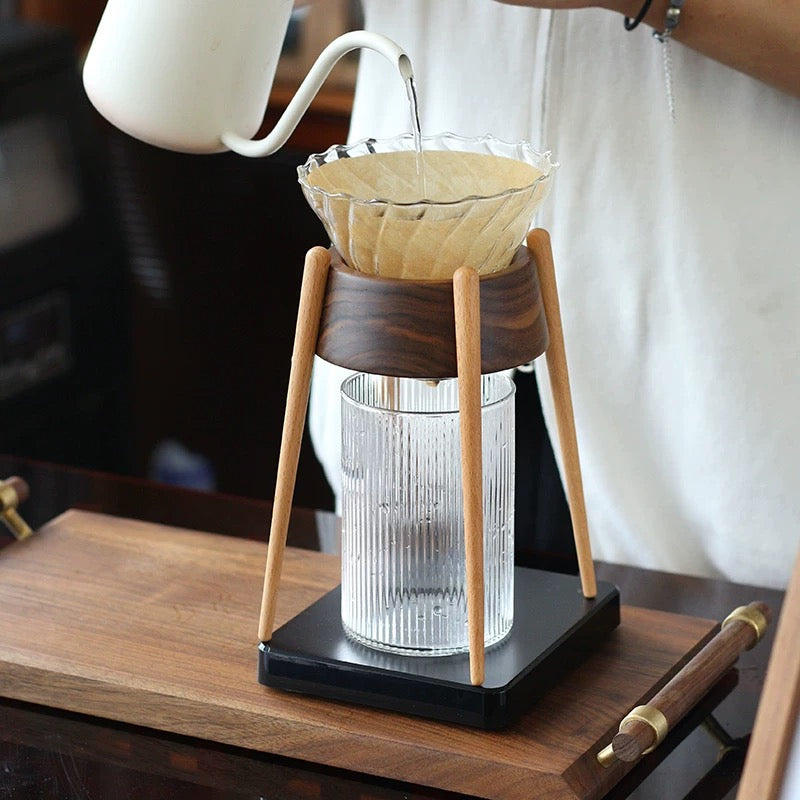 Natural wood pour-over coffee holder with smooth grain finish