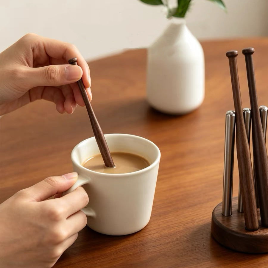 Natural wood stirrer stand with smooth walnut grain finish