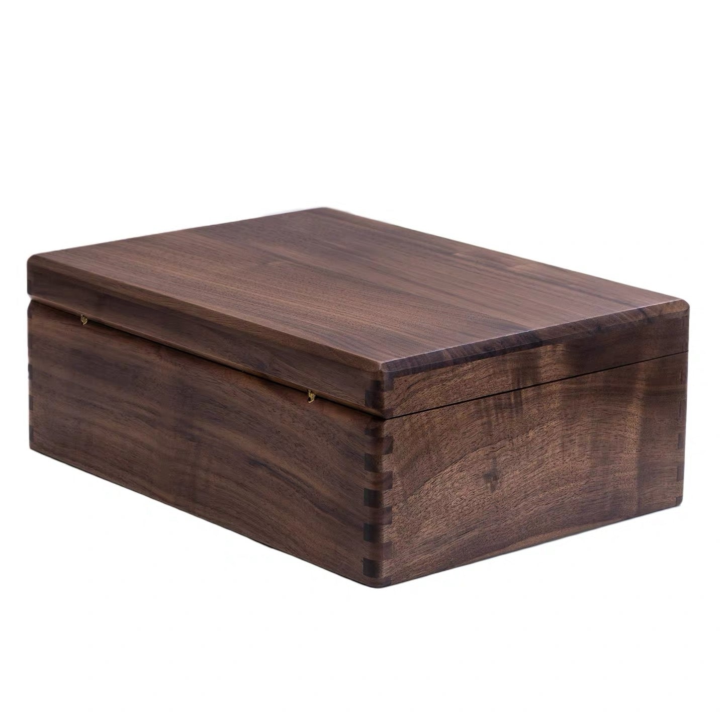 Natural wood storage case with smooth walnut grain finish