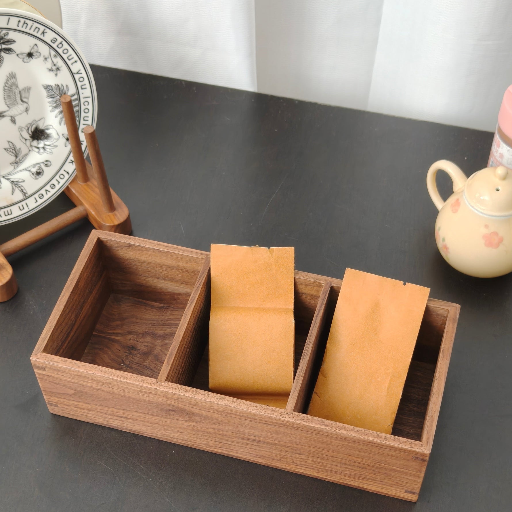 Natural wood tea and coffee holder with smooth walnut grain finish