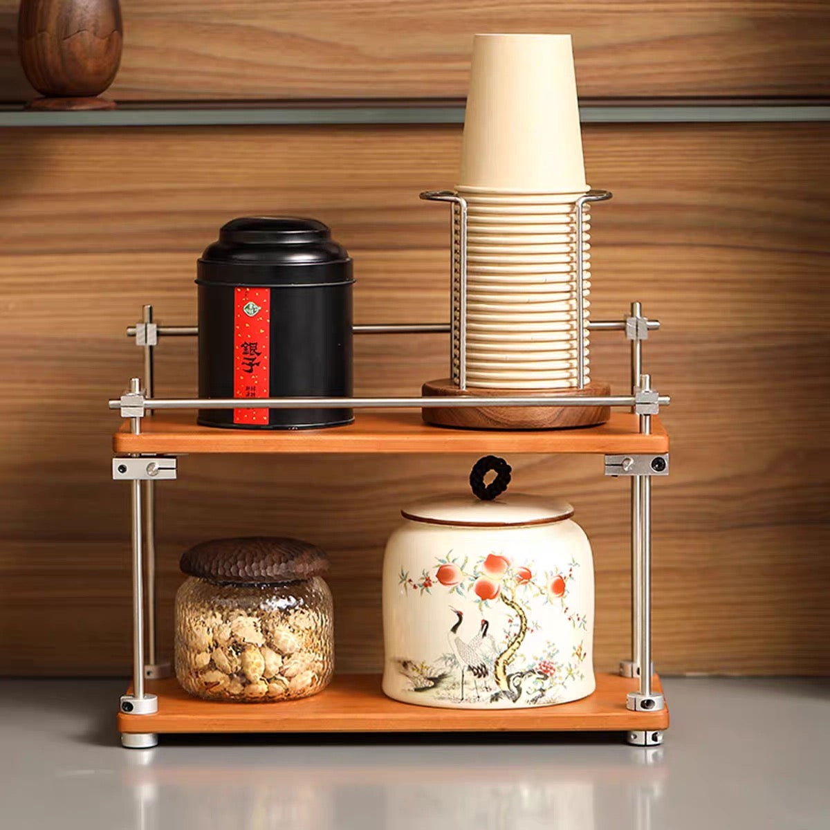 Natural wood tiered rack with smooth walnut grain finish