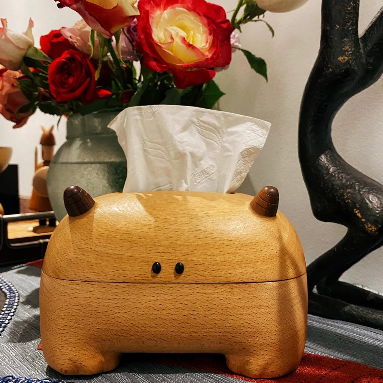 Natural wood tissue box cover with smooth grain finish