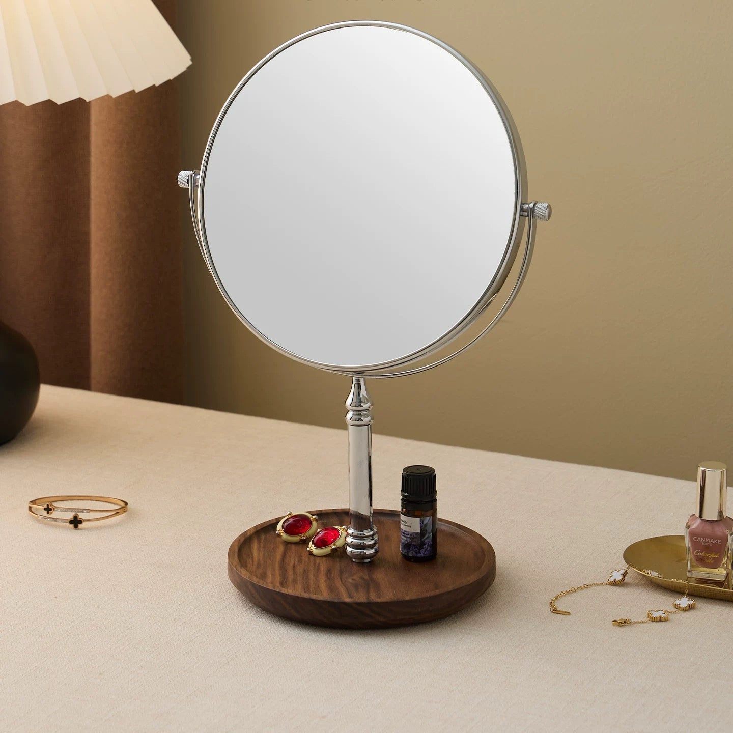 Natural wood vanity mirror with smooth walnut grain finish