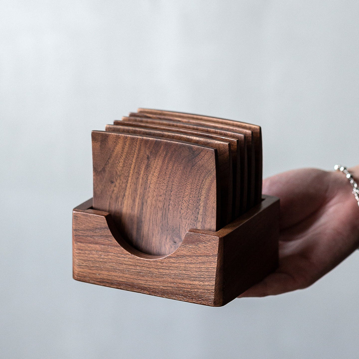 Neat Stack Solid Walnut Coaster Set with Holder (Set of 6)