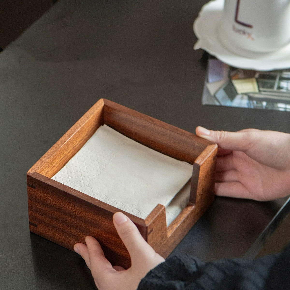 Open top wooden tissue box made from natural black walnut wood