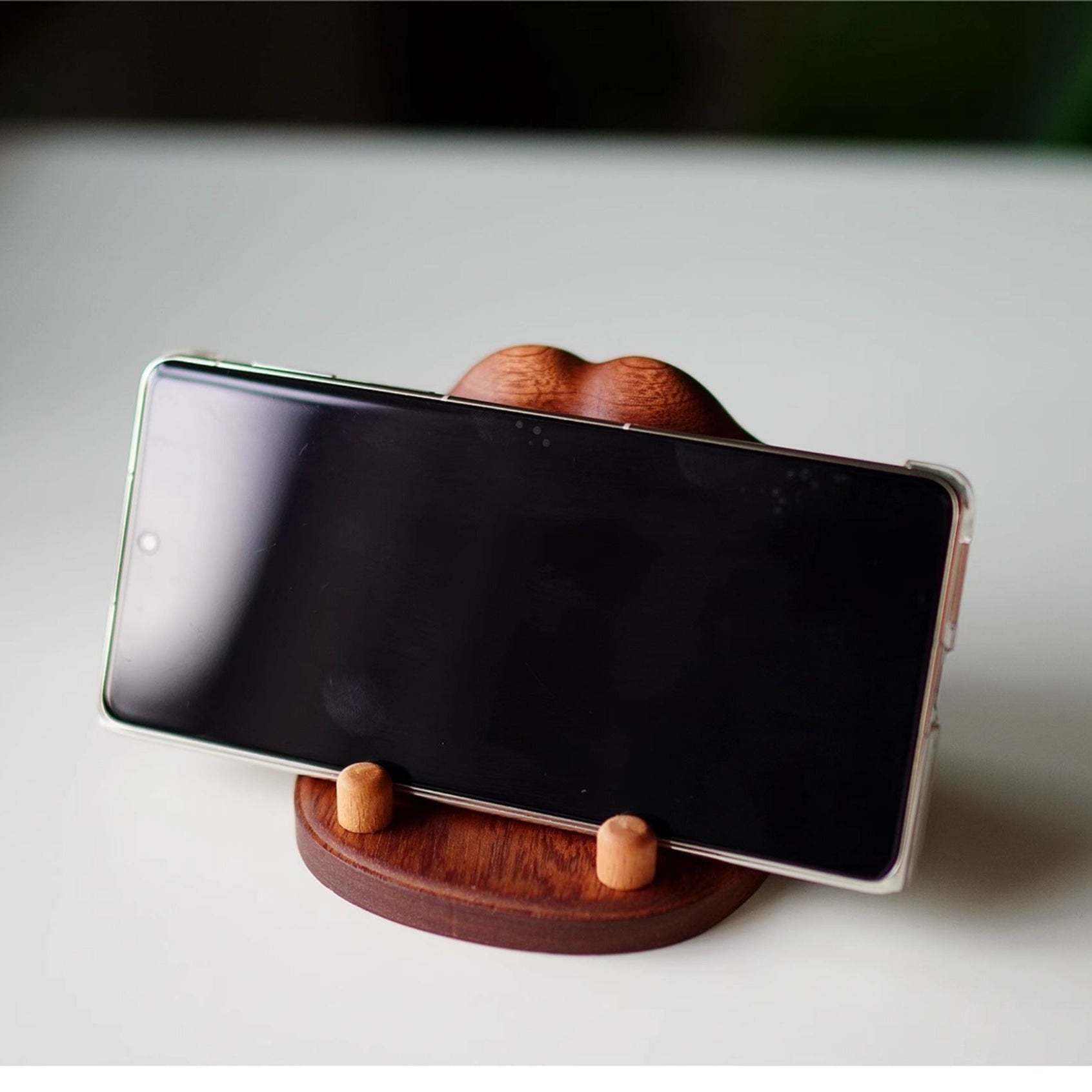Pawprint wooden phone holder made from natural solid wood