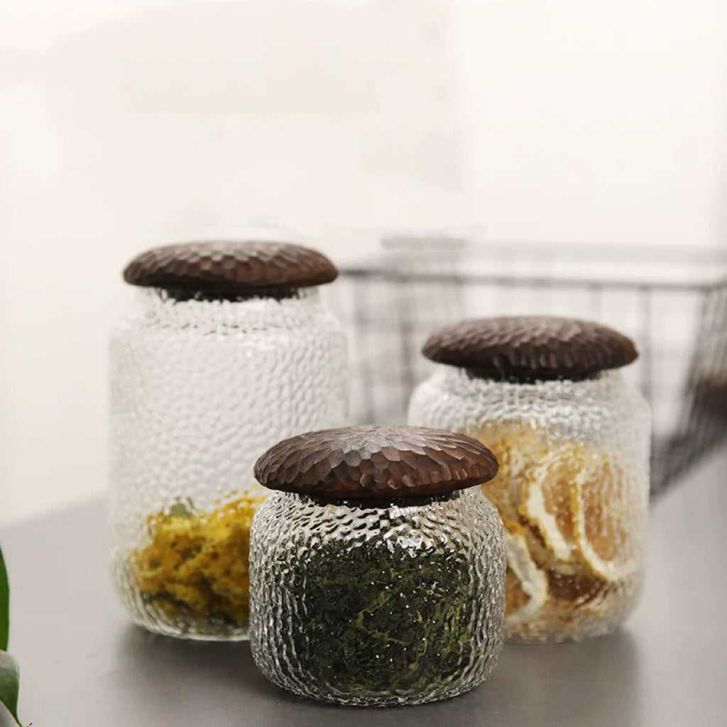 Pebble Textured Glass Coffee Canister Set with Solid Walnut Lids