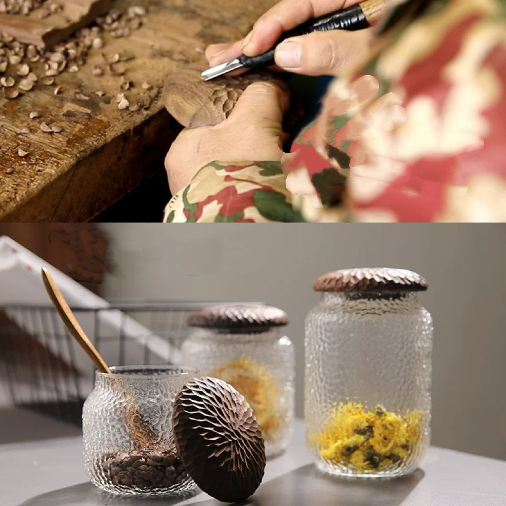 Pebble glass coffee jars with natural walnut wood lids