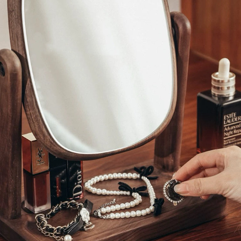 Pivot wooden mirror made from natural walnut wood