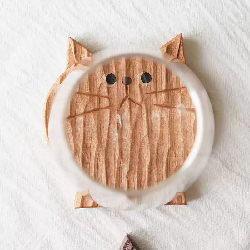 Poker face wooden cat coaster set made from natural solid wood