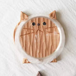 Poker face wooden cat coaster set made from natural solid wood