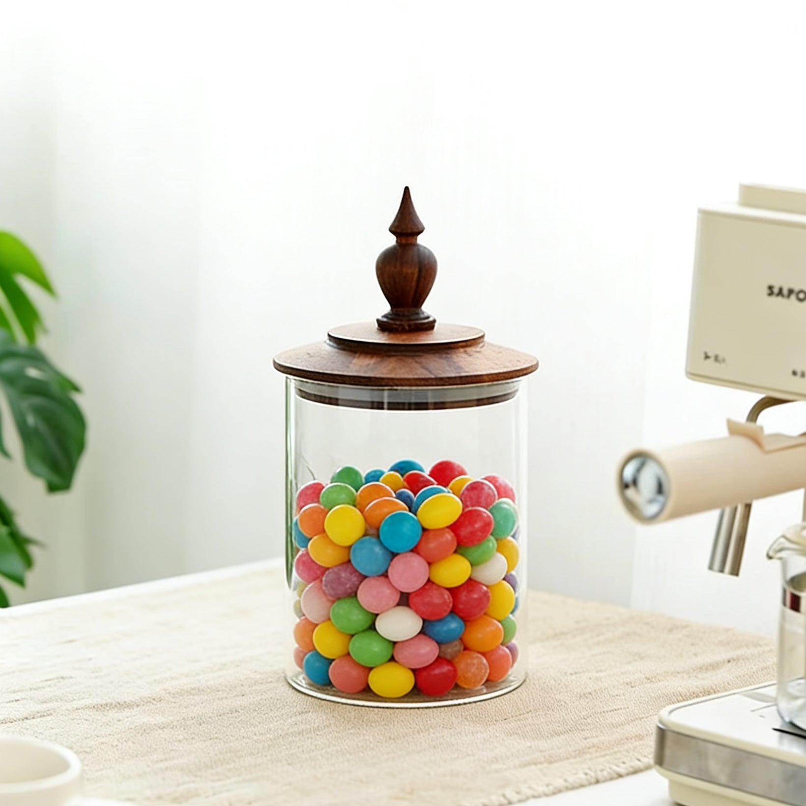 Premium glass storage jar with natural walnut texture