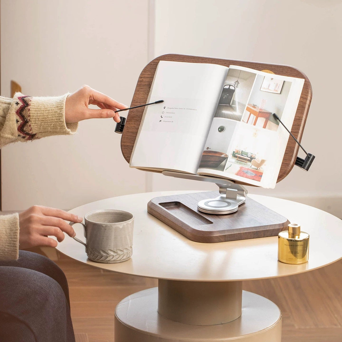 Premium walnut book rest with elegant natural texture
