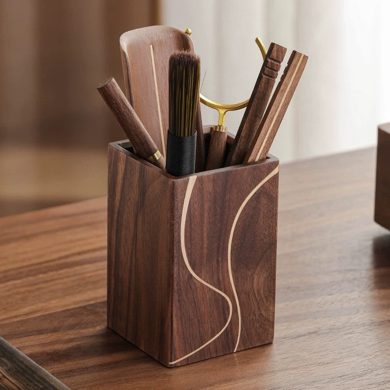 Premium walnut tea accessories with elegant natural texture