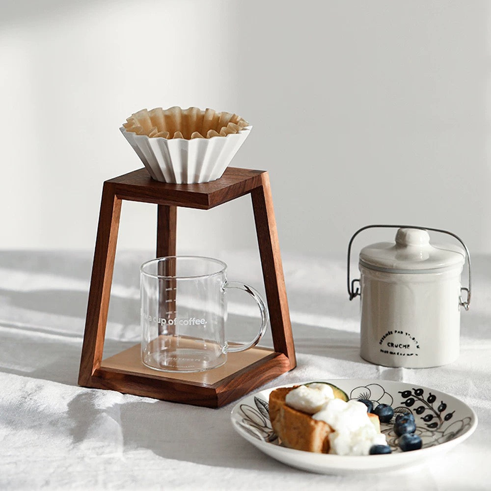 Quiet morning wooden coffee dripper stand made from natural walnut wood