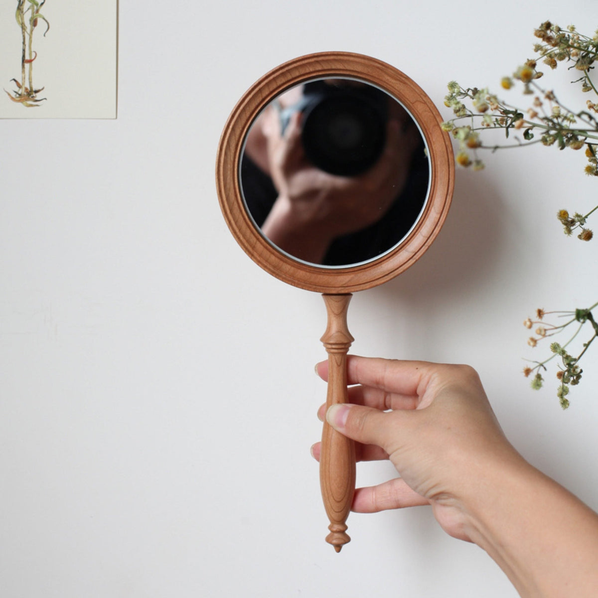 Retro Style Solid Walnut Handheld Mirror -Glowing