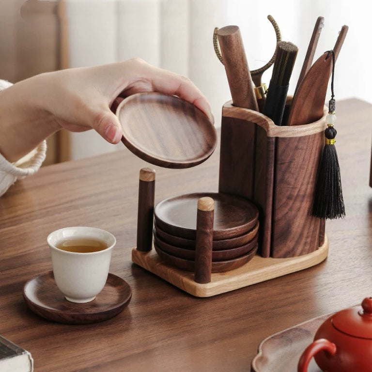 Ritual wooden tea set made from natural walnut wood