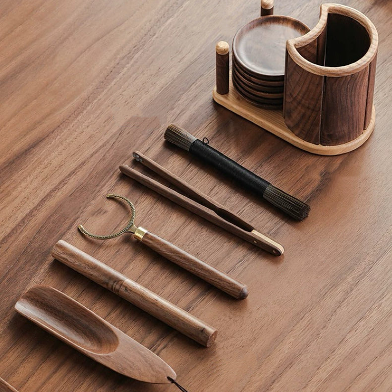 Set of 6 solid walnut tea accessories for tea serving