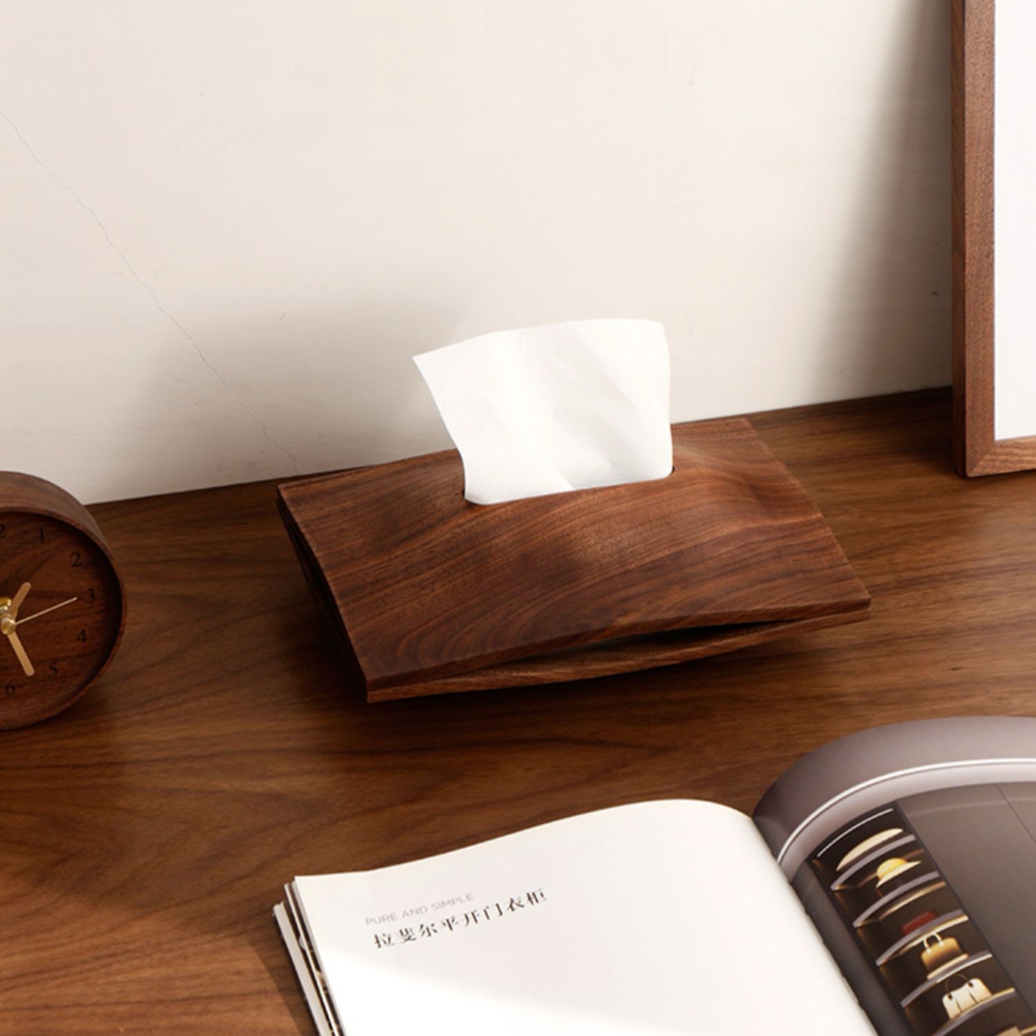 Sleek wooden tissue box made from natural walnut wood