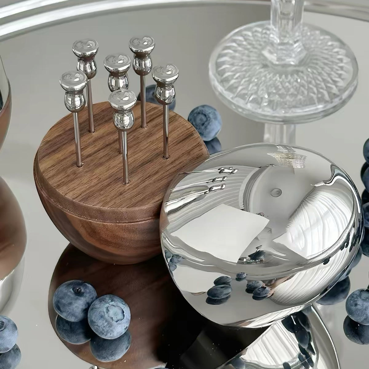 Soft Oval Solid Walnut and Stainless Steel Fruit Pick Set