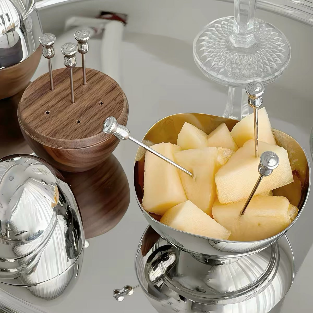 Soft oval wooden fruit picks made from natural walnut wood
