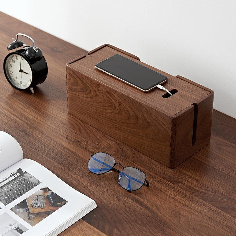 Solid black walnut power strip organizer box with minimalist design