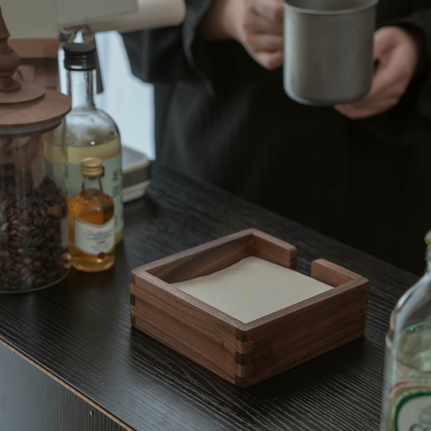 Solid black walnut tissue box with open top design