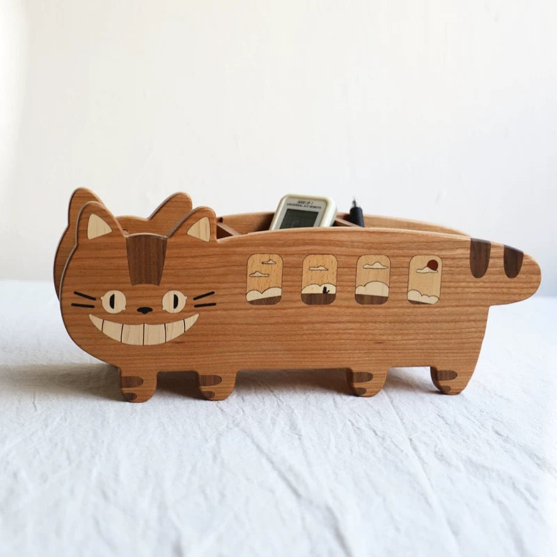 Solid cherry wood desktop organizer box with cat design