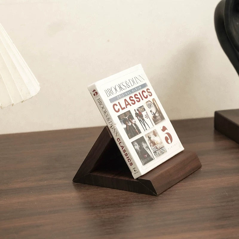 Solid walnut CD album display stand with minimalist design
