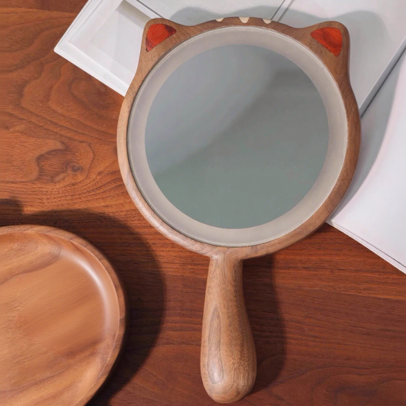 Solid walnut LED makeup mirror with kitten design