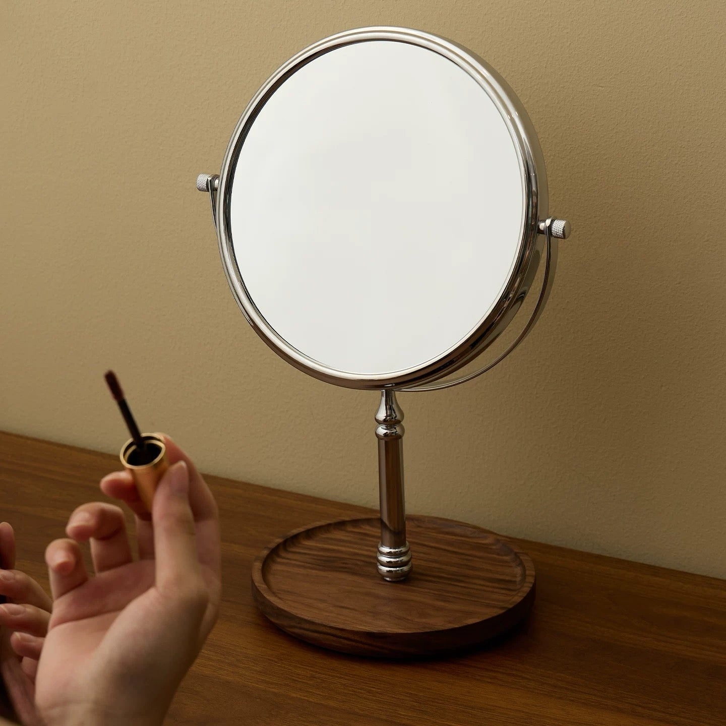 Solid walnut LED tabletop mirror with minimalist design