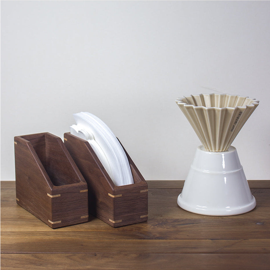Solid walnut V60 coffee filter paper holder with minimalist design