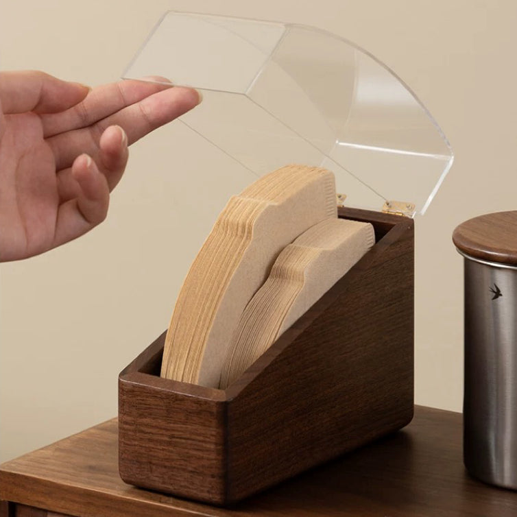 Solid walnut V60 filter paper organizer for coffee setup