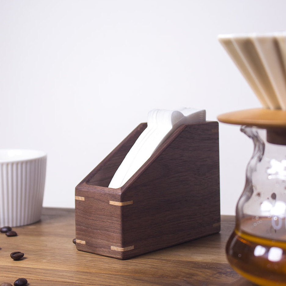 Solid walnut V60 filter paper storage box for coffee setup