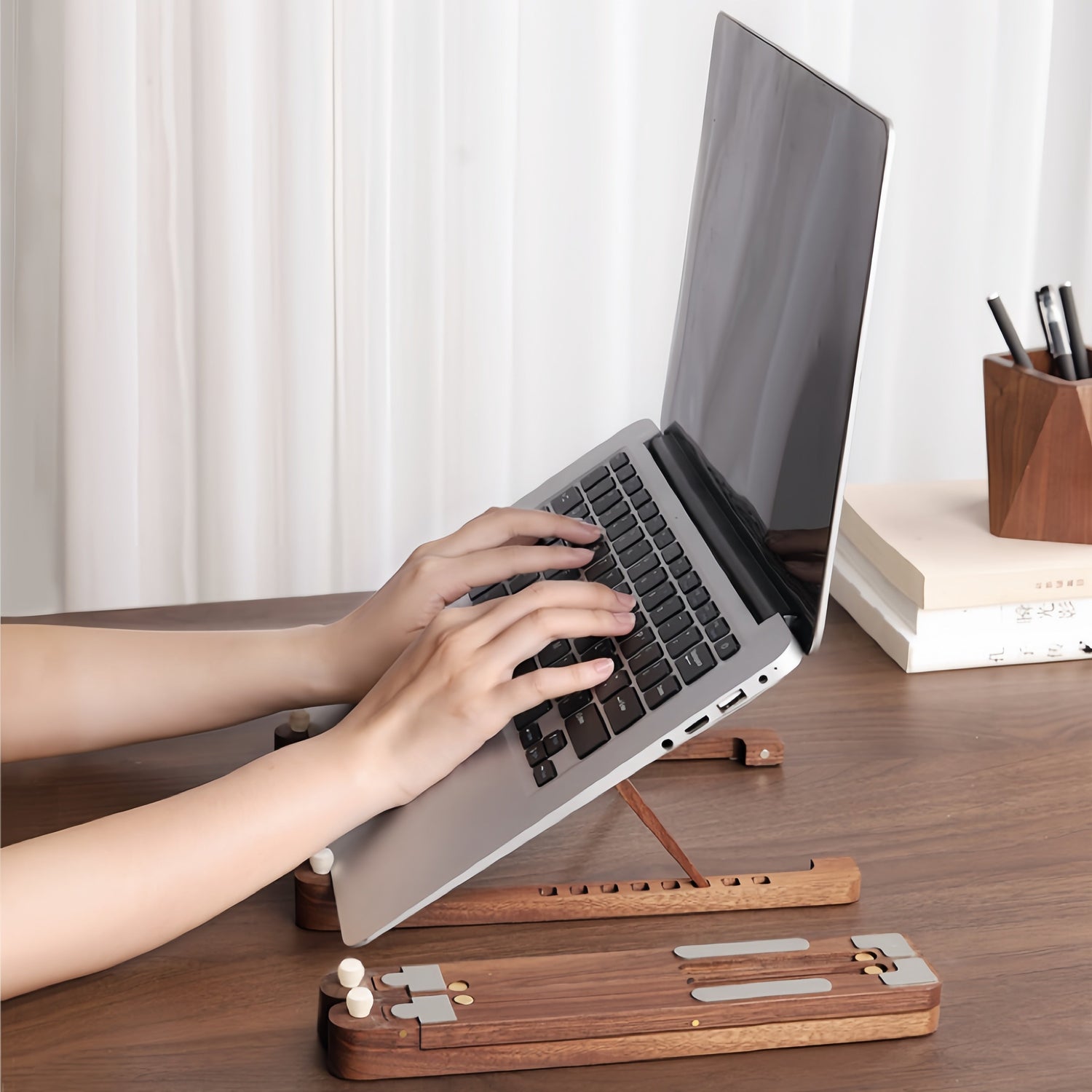 Solid walnut adjustable laptop holder with ergonomic design