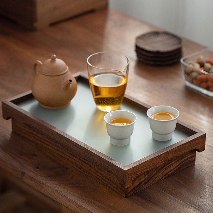Solid walnut and frosted glass tea tray with minimalist design
