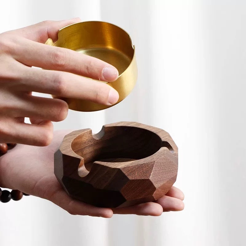 Solid walnut ashtray with windproof cover for outdoor use