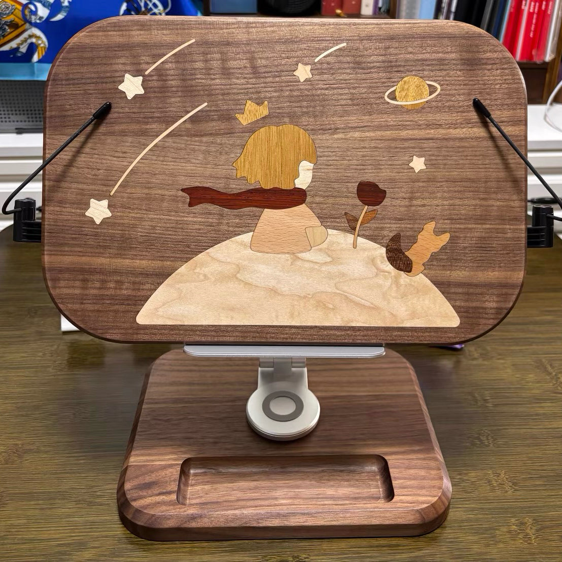 Solid walnut book holder for modern workspace and relaxation