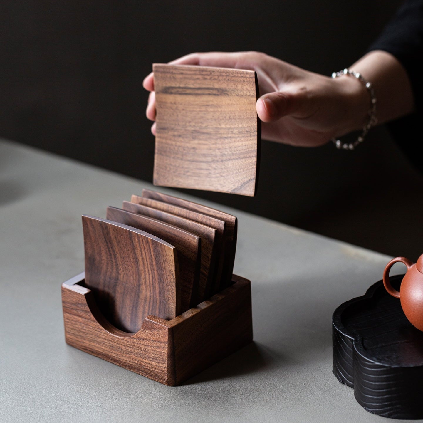 Solid walnut coaster set with holder and stackable design