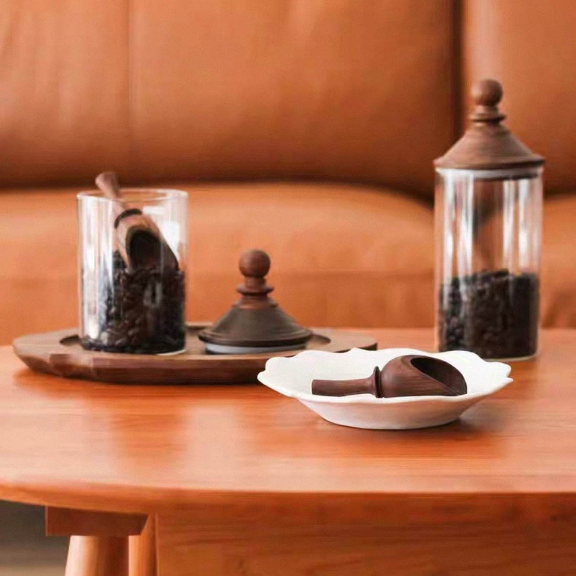 Solid walnut coffee bean scoop with minimalist design