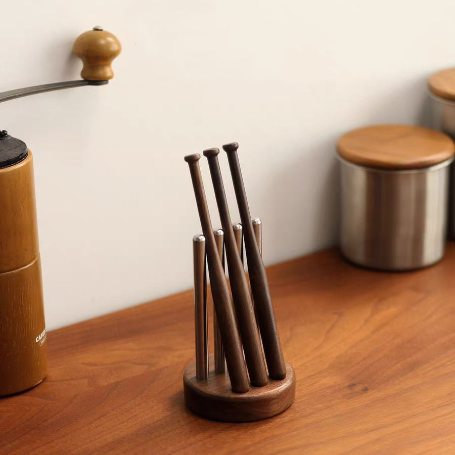 Solid walnut coffee stirrer set with stand design