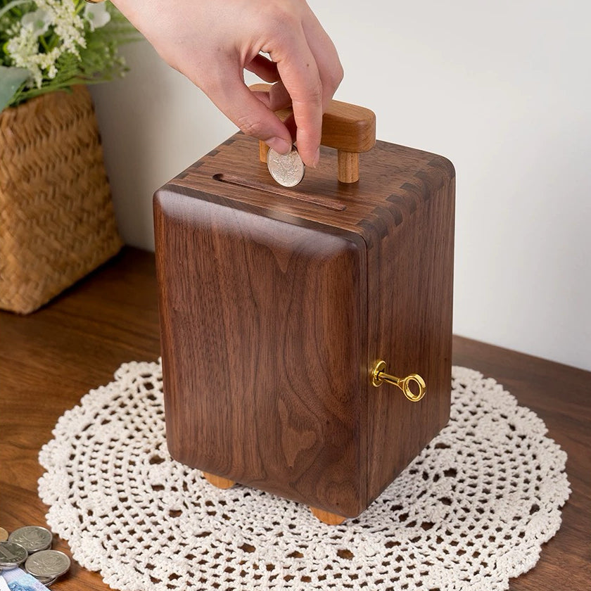 Solid walnut coin bank with minimalist design