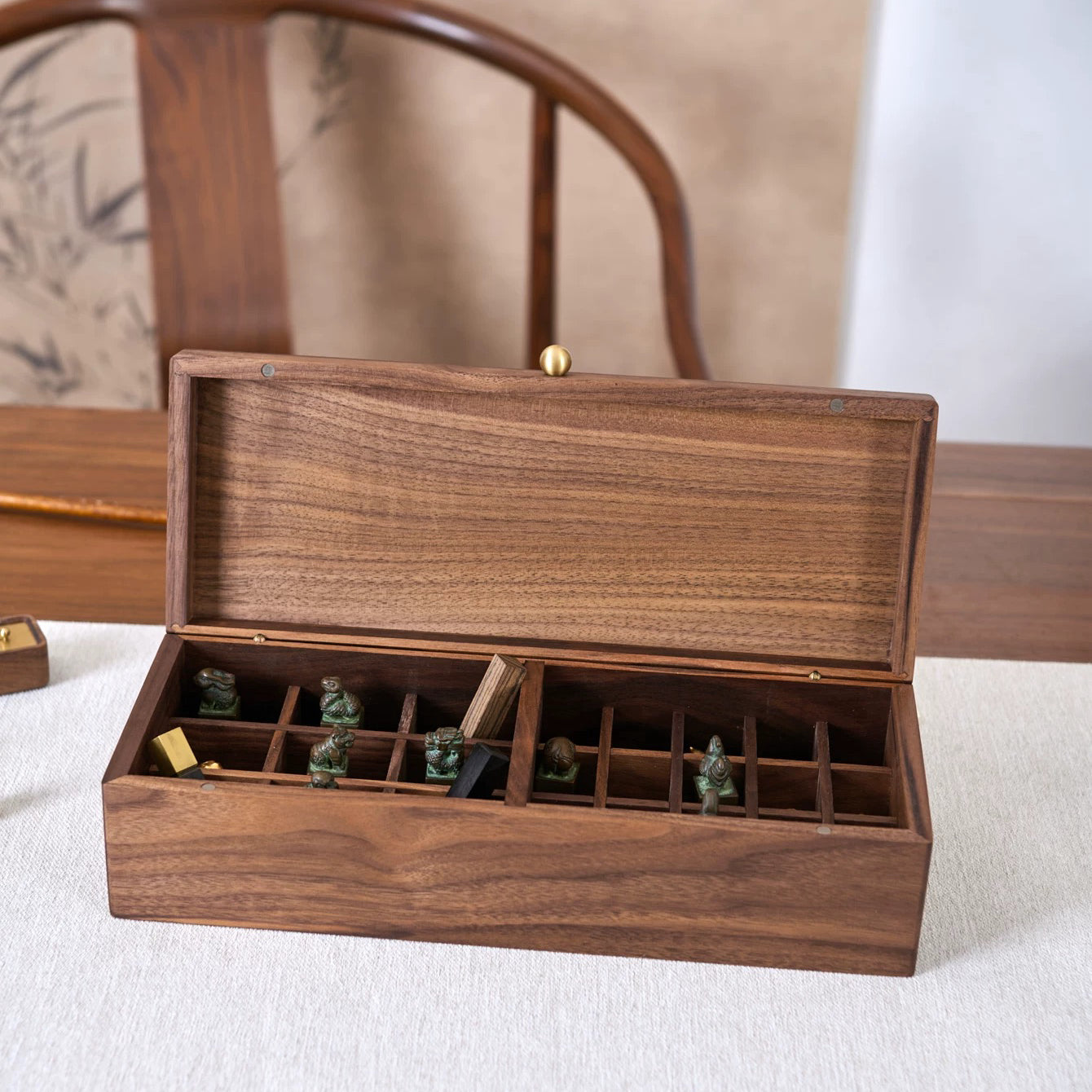 Solid walnut compartment storage box with lid design